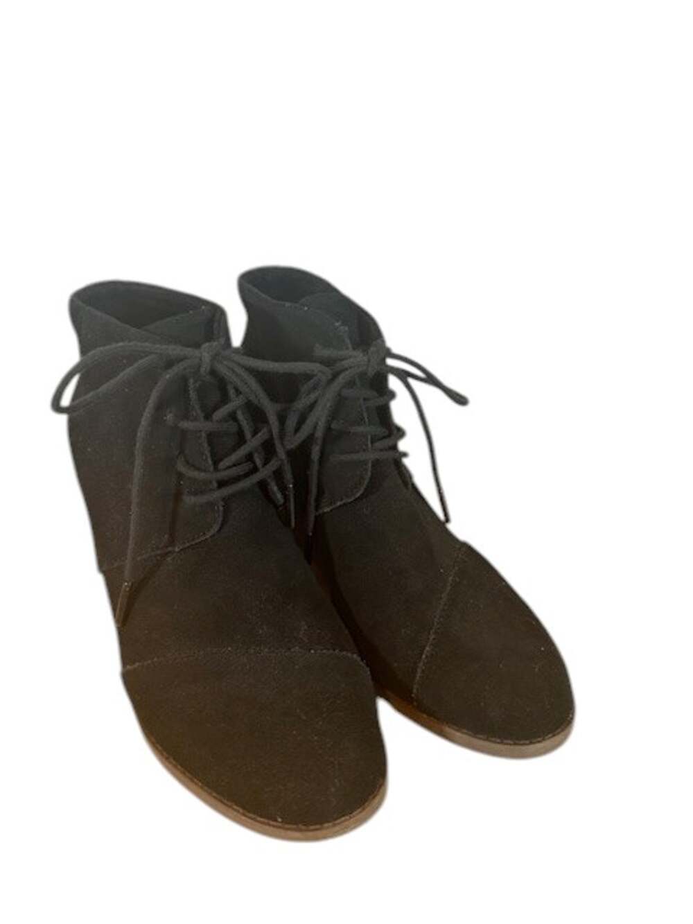 Toms Black Lace Up Wood Stackable Wedge Heeled Bootie Women Sz 7.5